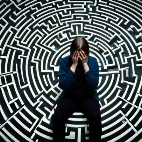**

A person trapped in an invisible web of debt, symbolized by credit cards and bills wrapping around them. The background should depict a dark and confusing maze. Emphasize the feeling of being overwhelmed and trapped. Style: Realistic, slightly dark and moody.

**