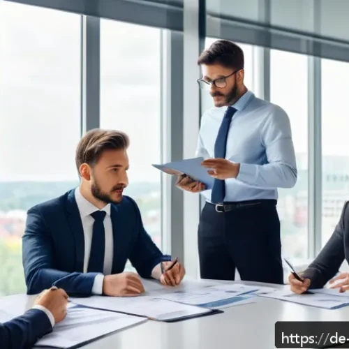 Home 31 부채 상환 우선순위의 법적 측면 - A professional German insolvency lawyer consulting a diverse group of business creditors in a modern...